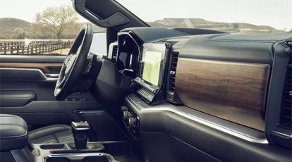 Painel com acabamentos em madeira e bancos com revestimento premium.