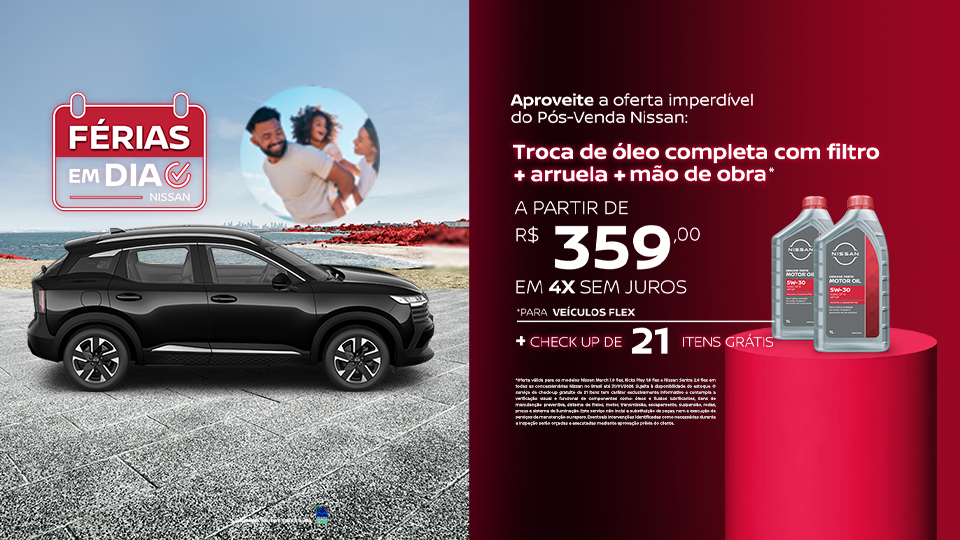 TROCA DE ÓLEO COMPLETA A PARTIR DE R$ 359 EM ATÉ 4X SEM JUROS + CHECK-UP GRATUITO DE 21 ITENS INCLUÍDO.